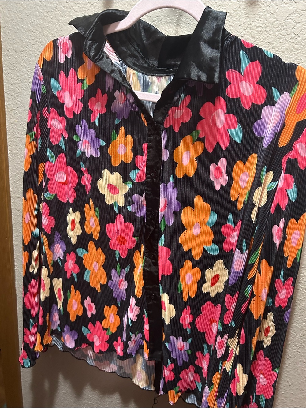 Black Floral Button-Up Blouse with Multicolor Flowers